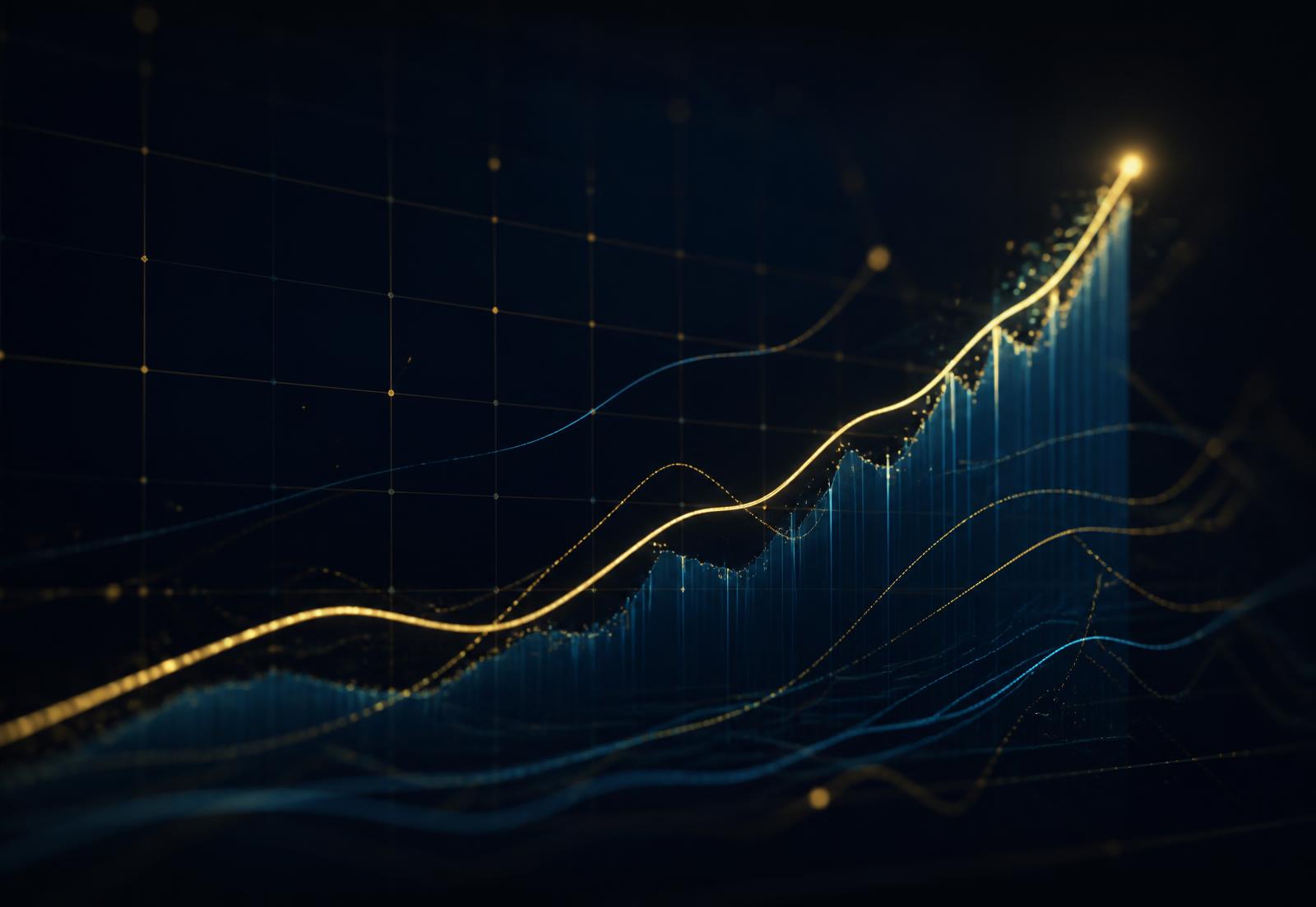 Ascending revenue curve rendered as a glowing financial data visualization